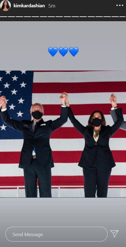 <b>Kim Kardashian</b> compartió su felicidad por la victoria de Biden con esta imagen, a pesar de que su esposo
<b>Kanye West </b>era uno de los candidatos a la presidencia.