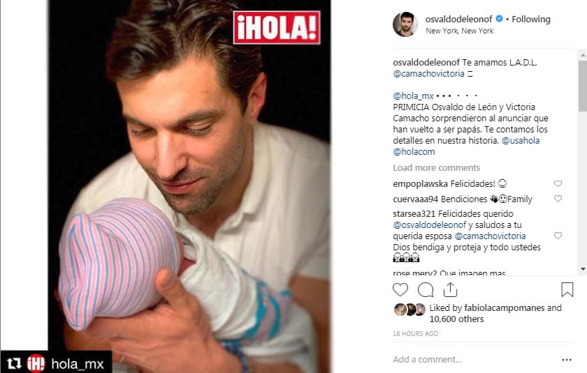 Osvaldo de León confirmó el nacimiento de su cuarto hijo (tercero en común con la actriz Victoria Camacho) publicando esta tierna imagen en Instagram.