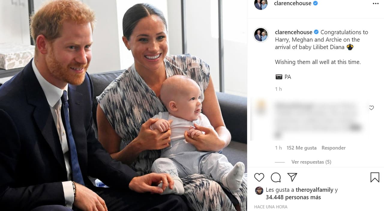 El abuelo de la niña, el príncipe Carlos, compartió esta foto en la que aparece Archie con sus padres para mandarle un mensaje a su nueva nieta: "Felicitaciones a Harry, Meghan y Archie 
<b><a href="https://www.instagram.com/p/CPyijY4gS5D/" target="_blank">por la llegada de la bebé Lilibet Diana</a></b>. Deseándoles a todos lo mejor en este momento".