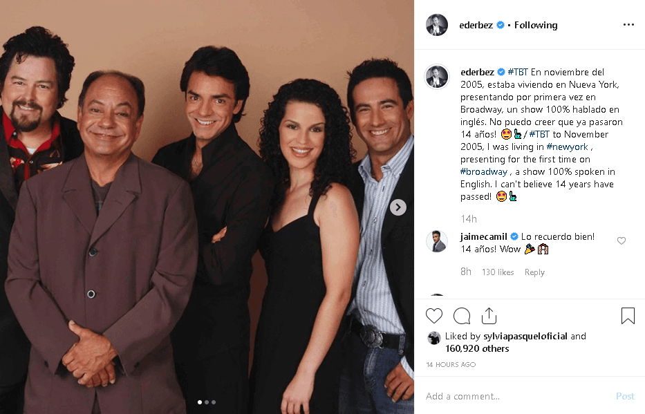 "En noviembre del 2005 estaba viviendo en Nueva York, presentando 
<b>por primera vez en Broadway</b> un show 100% hablado en inglés. ¡No puedo creer que ya pasaron 14 años!", escribió el actor al pie de las imágenes.