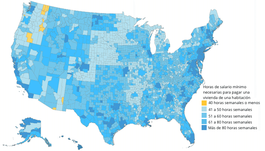 Los doce condados en Oregon, Arizona y Washington donde un apartamento de un dormitorio es asequible para los trabajadores que ganan el salario mínimo (se muestran en amarillo) son en gran parte rurales, lejos de los centros de trabajo.