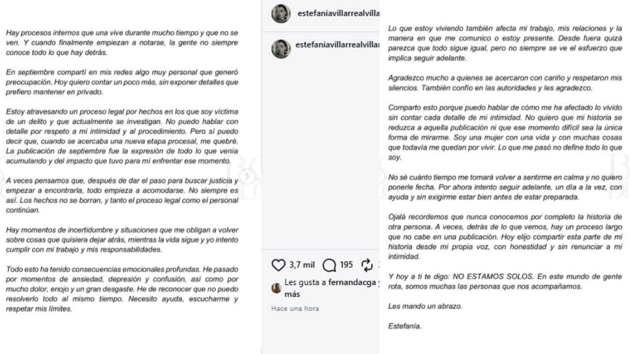 Estefanía Villarreal explicó en un comunicado la situación que atraviesa.