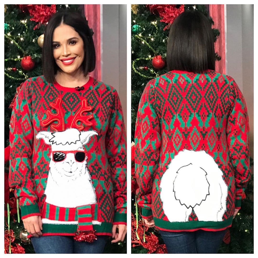 Nos encantó el suéter feo que usó Karla Martínez, ella misma colgó la fotografía en las redes y presumió con sus fans la prenda con temática de la simpática llama.