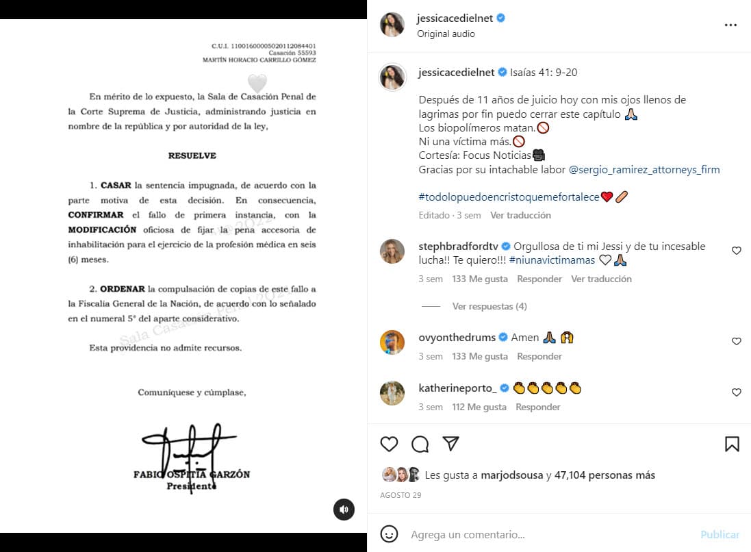 Resolución en contra de Martín Horacio Carrillo Gómez, cirujano que le inyectó biopolímeros a Jessica Cediel.