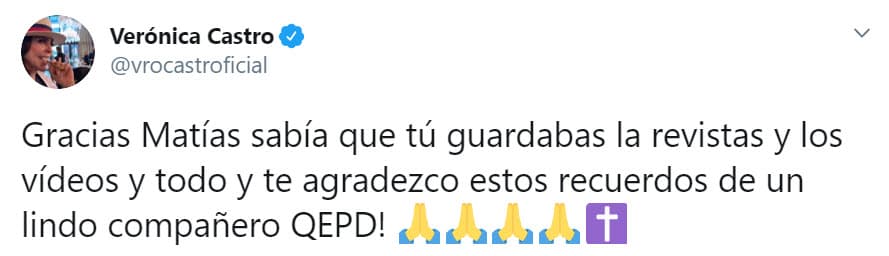Raymundo Capetillo fue uno de los galanes más famosos de las telenovelas y su compañera en estas historias era Verónica Castro, que compartió el tuit de un fan para recordarlo: "Gracias Matías, sabía que tú guardabas las revistas y los videos y todo y te agradezco estos recuerdos de un lindo compañero ¡QEPD!", escribió la actriz.