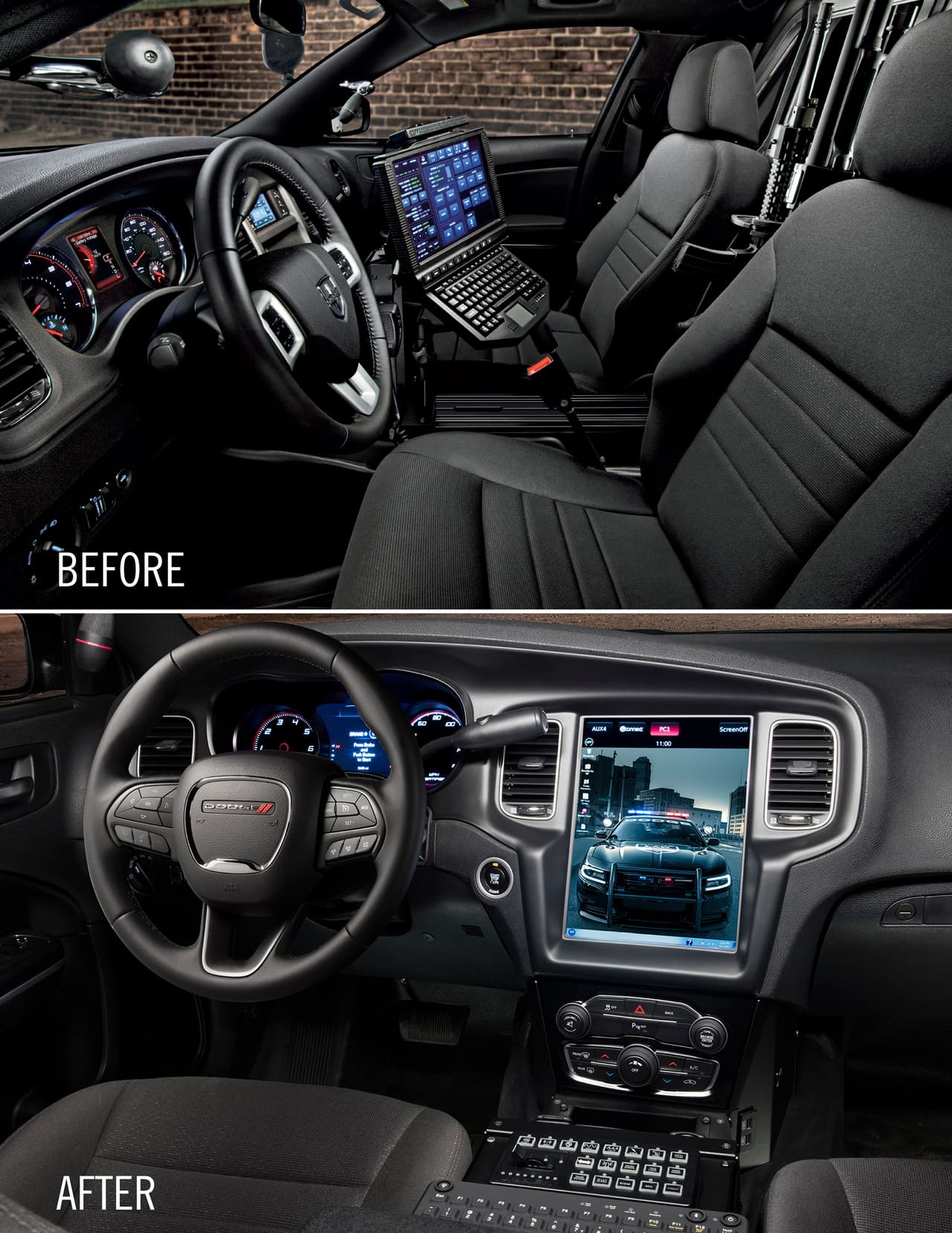2018 Dodge Charger Pursuit’s all-new and segment’s largest Uconnect 12.1-inch touchscreen that enables a segment-exclusive integration of law enforcement computer systems with the easy-to-use and award-winning Uconnect touchscreen system.
