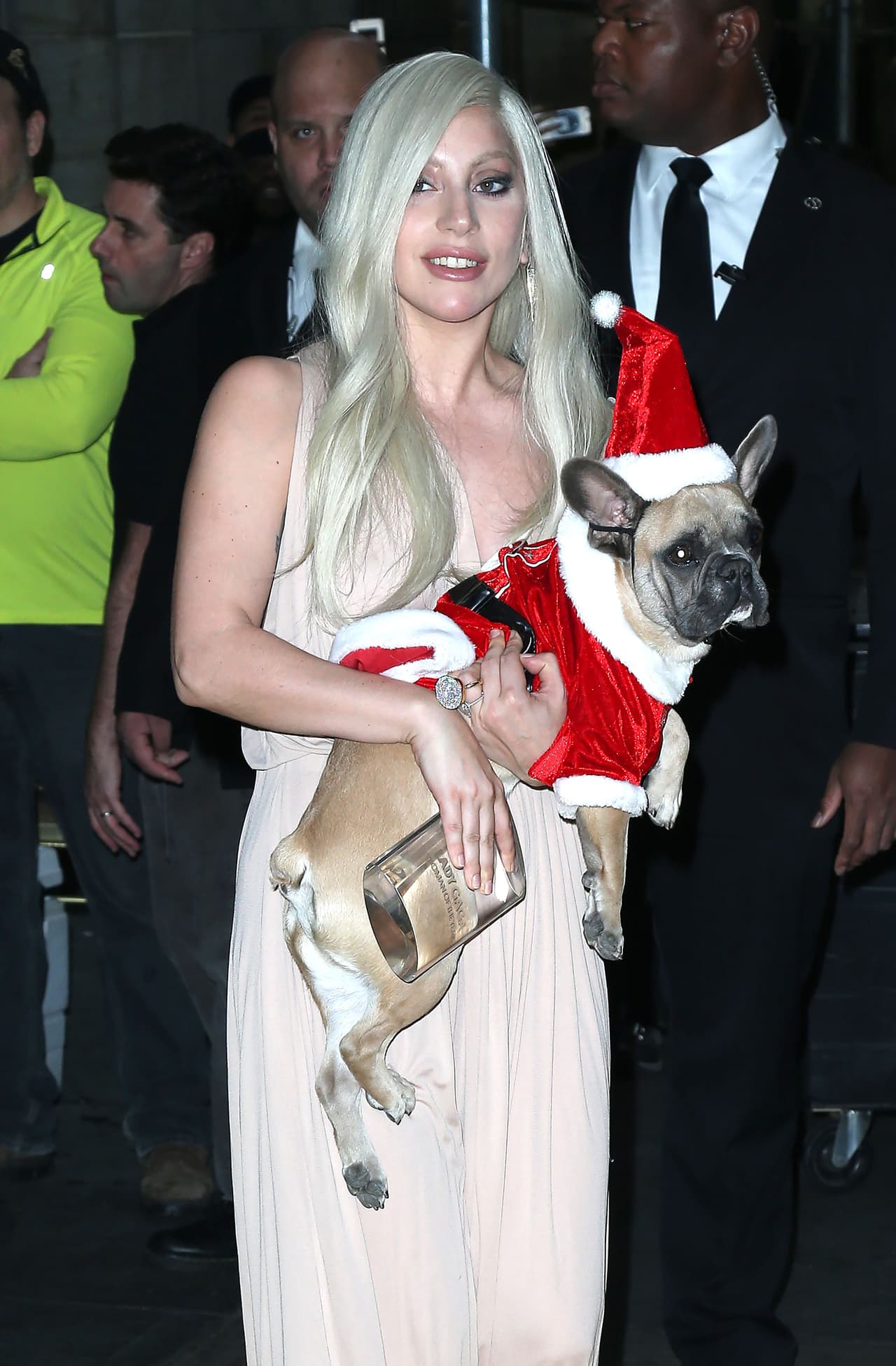 La cantante fue vista saliendo de su departamento acompañada por su prometido Taylor Kinneay y fue a un lunch para celebrar a las mujeres en los Billboard y llevó a sus perritos navideños.