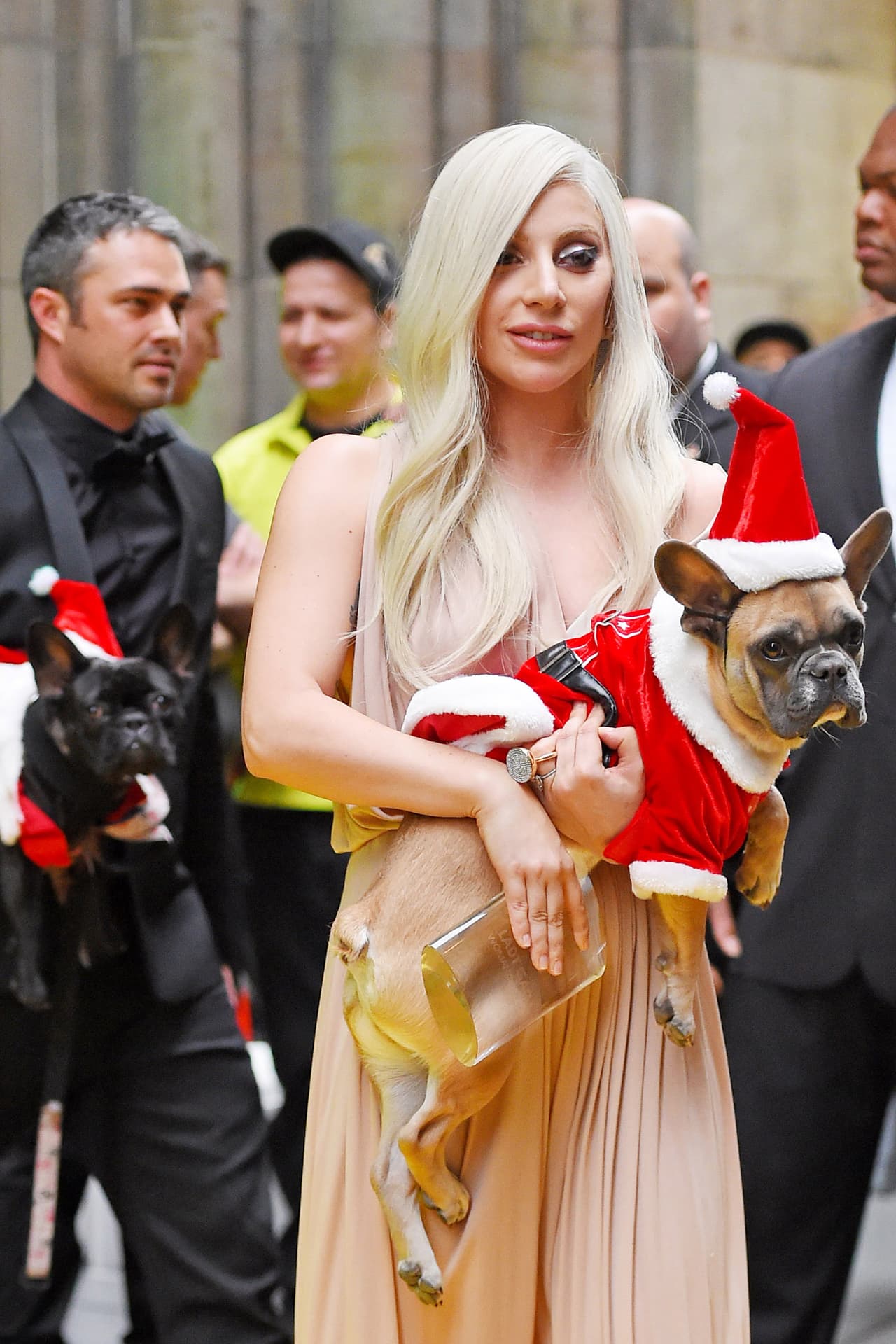 La cantante fue vista saliendo de su departamento acompañada por su prometido Taylor Kinneay y fue a un lunch para celebrar a las mujeres en los Billboard y llevó a sus perritos navideños.