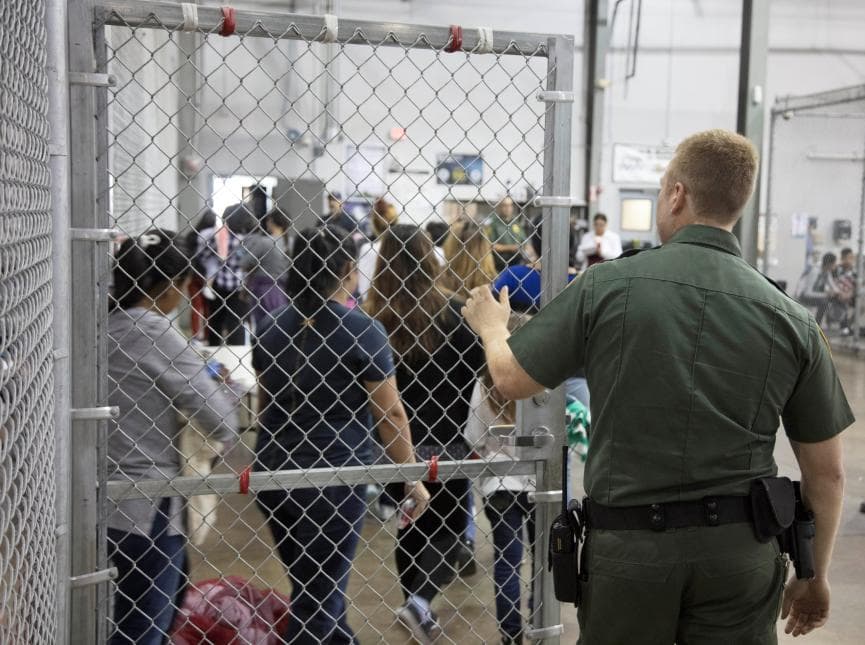 The Trump administration policy of 'zero tolerance' has resulted in children being separated from their parents after being detained at the border. Each cage holds children who receive water, bags of chips and thermal blankets.