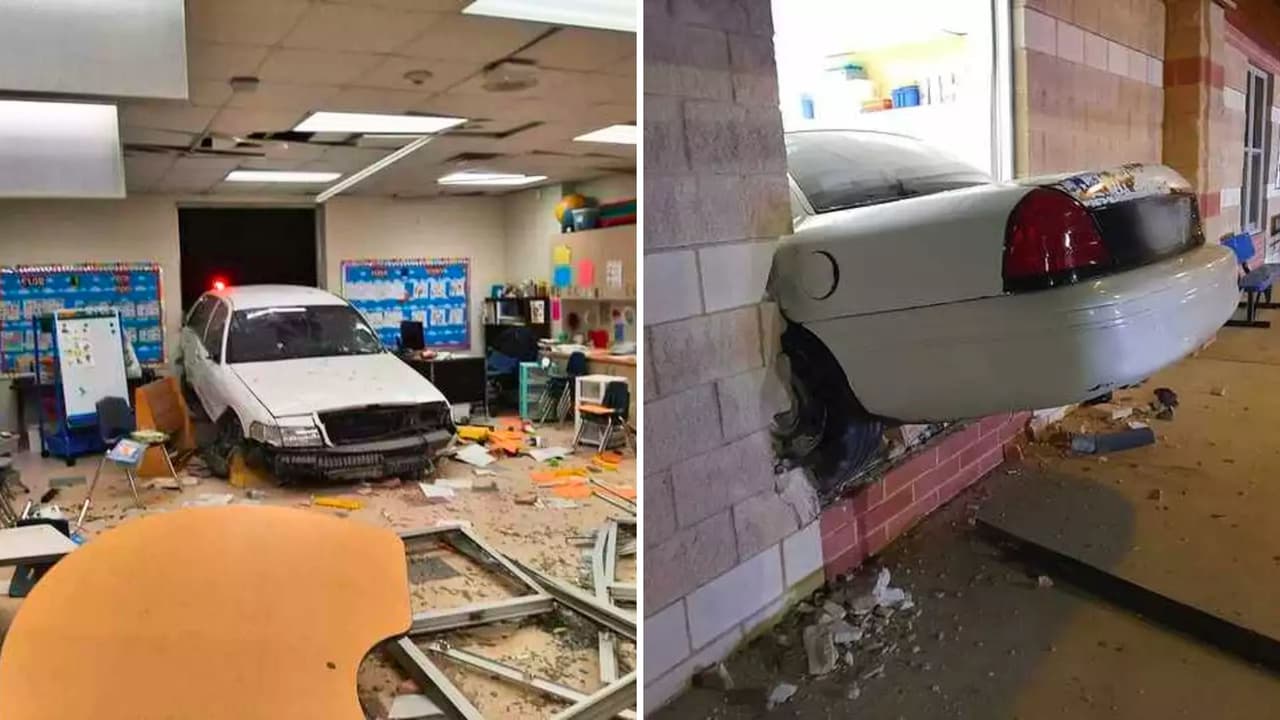 Conductor se estrella, dejando su auto incrustado en la pared de una escuela primaria en Texas