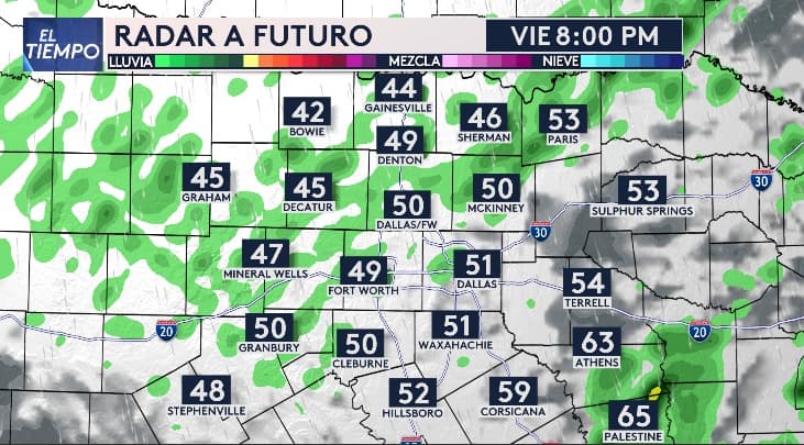 A las 8:00 pm, las temperaturas estarán entre los 45 y los 49 en el norte, mientras que en Dallas - Fort Worth estaremos entre los 50 y 52. Todavía se ven algunas tormentas ligeras y dispersas.