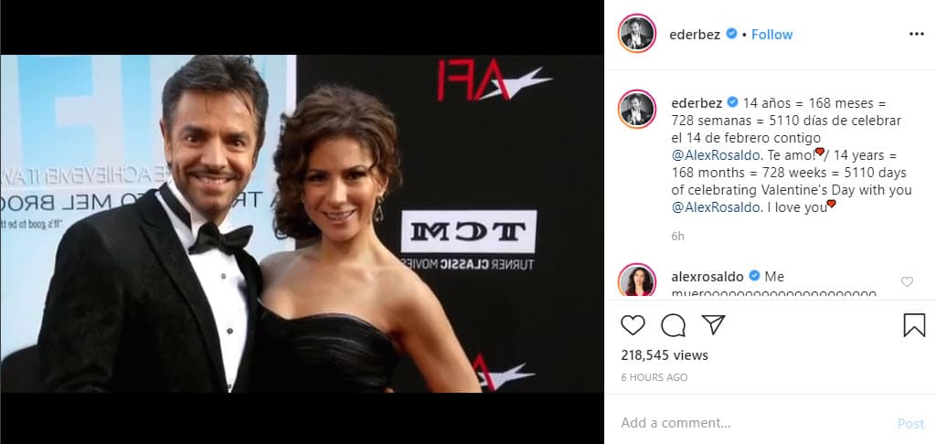 <b>Eugenio Derbez y Alessandra Rosaldo</b> forman una de las parejas consentidas del público latino. El comediante publicó un video con una recopilación de fotografías donde aparecen juntos y lo acompañó con un matemático mensaje: "14 años = 168 meses = 728 semanas = 5110 días de celebrar el 14 de febrero contigo Alessandra Rosaldo. ¡Te amo!".