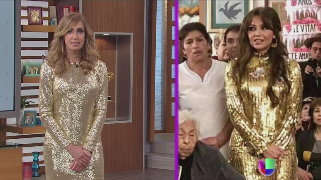 Lili Estefan se presentó este lunes a su programa con un vestido muy parecido al que usó Thalía para la fiesta de su abuela Eva Mange.