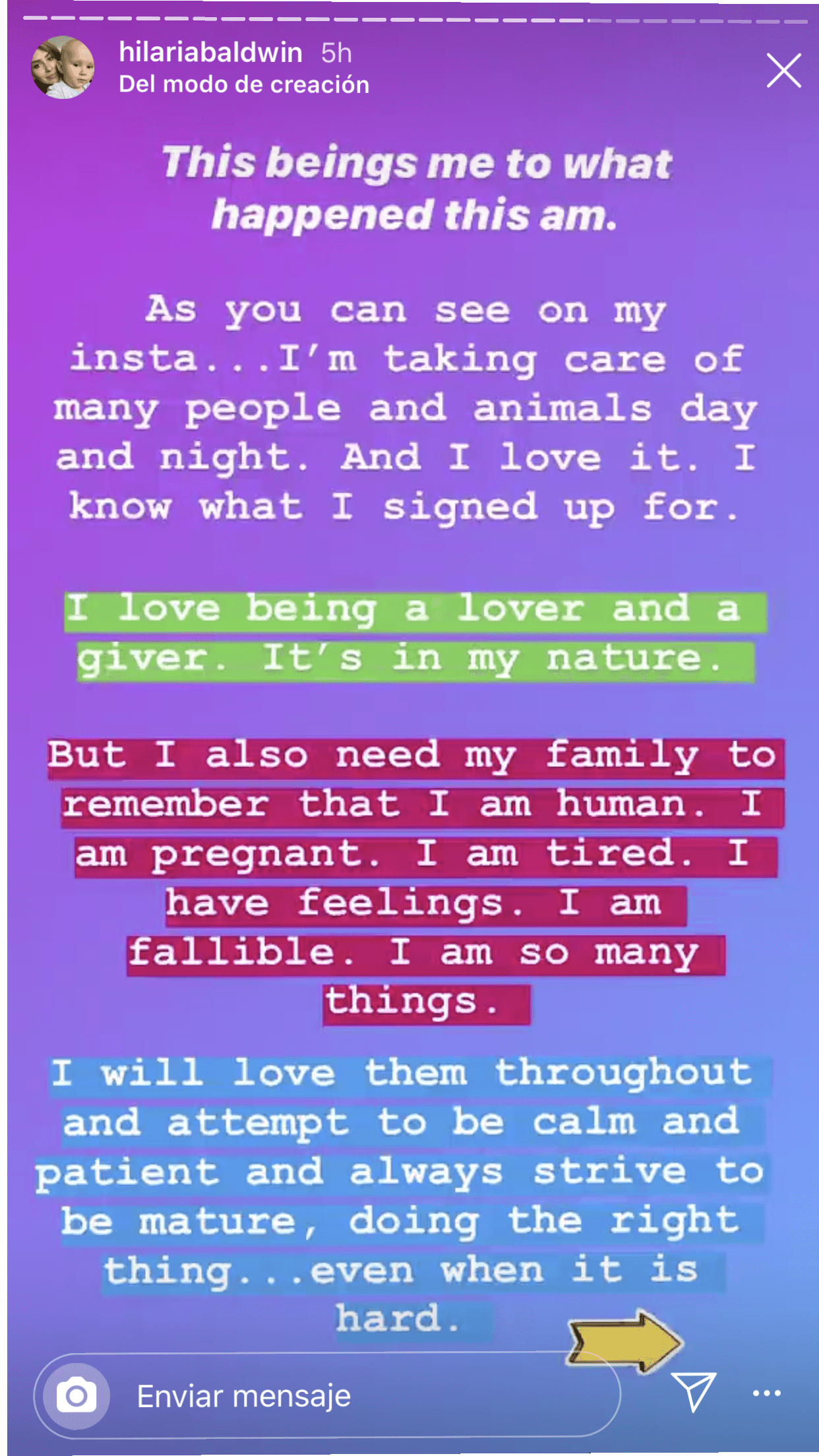 "Como pueden ver en mi Instagram... me estoy 
<b><a href="https://www.univision.com/famosos/a-hilaria-baldwin-le-asusta-un-juego-con-sus-cuatro-hijos-al-punto-que-la-ha-hecho-reflexionar-fotos">haciendo cargo de muchas personas</a></b> y animales día y noche. Y me encanta. Sé en lo que me metí.
<b> Me encanta amar y dar</b>. Está en mi naturaleza", escribió.
<br>