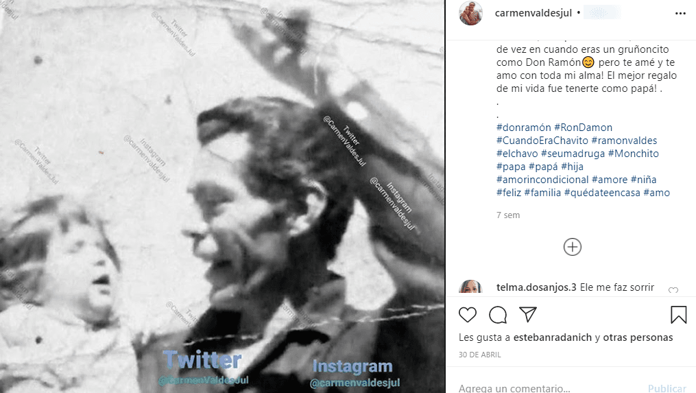 “¡Esa gordita soy yo en los brazos de quien me dio su vida entera, mi padre! Siempre amoroso, siempre sonriendo, bueno de vez en cuando era un ‘gruñoncito’ como Don Ramón. Pero lo amé y amo con toda mi alma. El mejor regalo de mi vida fue tenerte como papá”, expresó.