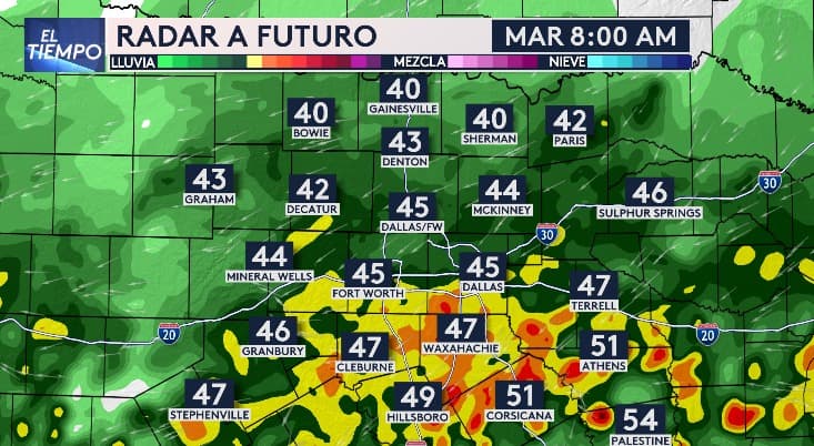 A primera hora del martes, el pronóstico indica la posibilidad de lluvias intensas a moderadas en el sur del Metroplex, incluyendo partes de Dallas y Fort Worth.
<b>Esto podría afectar el tráfico matutino, especialmente en áreas como Waxahachie, Cleburne y Corsicana</b>.