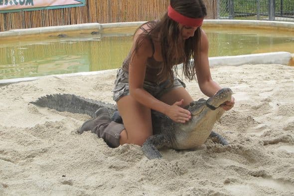 Entre besos y apapachos, Heloisa pudo conquistar este cocodrilo.