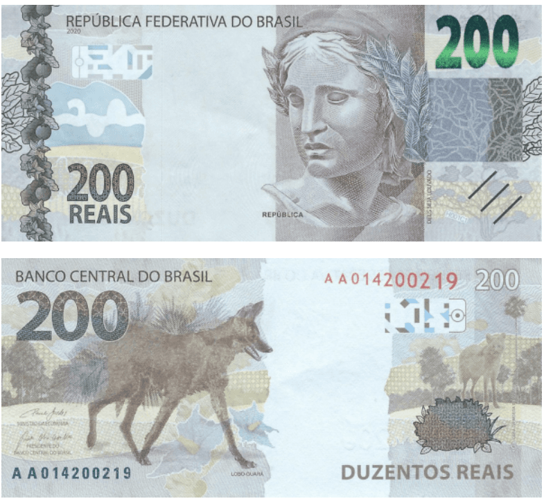 <h3 class="cms-H3-H3">19. Brasil (200 reales)</h3>
<br>
<br>Como dispositivo de registro hay un rompecabezas acompañando la combinación del marrón, azul, gris y amarillo. Además 
<a href="https://www.theibns.org/joomla/index.php?option=com_content&view=article&id=800&catid=13&Itemid=51" target="_blank">se puede observar al jefe de la república. </a>
<br>
<br>En la parte trasera hay una imagen del lobo-guará y número de rompecabezas.