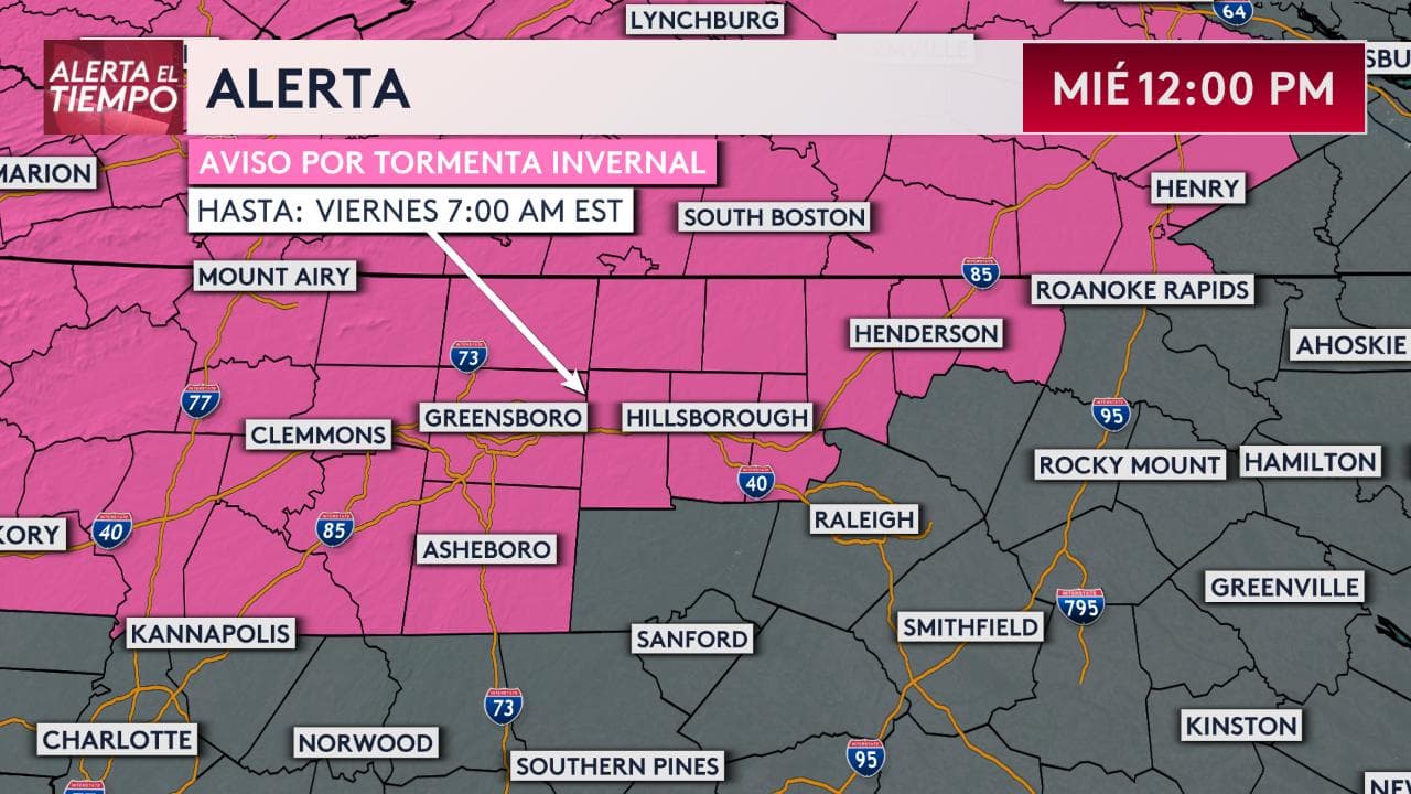 Un aviso por
<a href="https://www.univision.com/local/north-carolina-wuvc/vigilancia-de-tormenta-invernalen-carolina-del-norte-fotos">tormenta invernal</a> estará vigente hasta el viernes a las 7 a.m. en los condados: Alamance, Durham, Forsyth, Granville, Guilford, Orange, Person, Vance y Warren. Una media pulgada de hielo es posible en estas regiones.