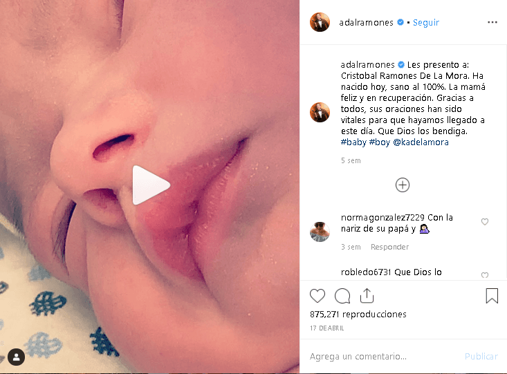El día del nacimiento de Cristóbal, Adal Ramones 
<b><a href="https://www.instagram.com/p/BwXBDSHA4n-/" target="_blank">publicó en Instagram</a></b>: “Les presento a Cristóbal Ramones de la Mora. Ha nacido hoy, sano al 100 por ciento”.
