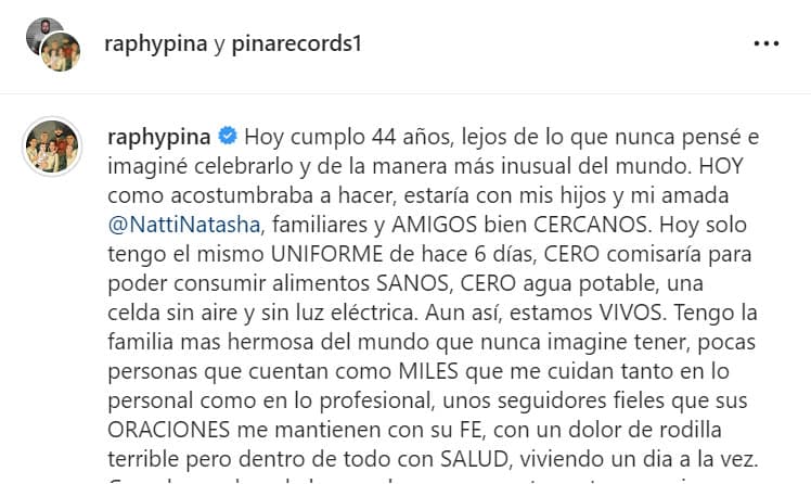 Reveló que padece un "dolor de rodilla terrible" y que se encuentra "viviendo un día a la vez": "
<b>Las pruebas solo son pruebas</b> y el que lo enfrenta con valentía se convierte en alguien mucho más fuerte". 
<br>