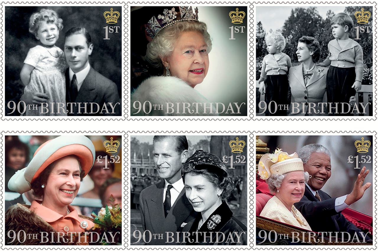 Estos seis timbres también conmemoran el cumpleaños número 90 de la monarca inglés, en distintos momentos claves de su vida.