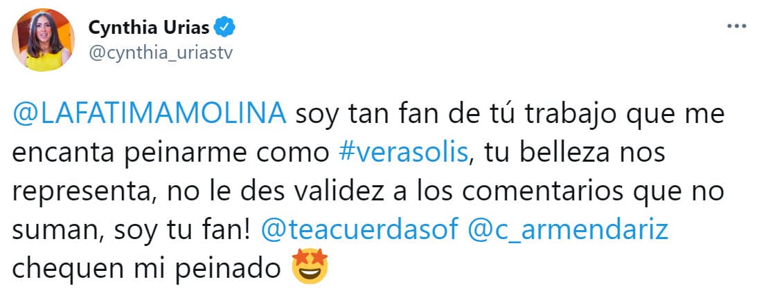 La actriz y presentadora Cynthia Urias también se solidarizó con su colega, haciéndole saber que
<b><a href="https://twitter.com/cynthia_uriastv/status/1363693590065668109" target="_blank">"su belleza nos representa". </a></b>