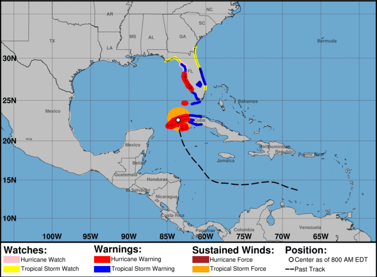 La zona marcada en rojo de Florida es donde se estima tocará tierra Ian.
