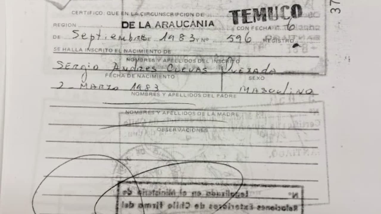Documentos certificados por entidades del gobierno chileno, incluyendo un pasaporte con el nombre de Sergio Andrés Cuevas Quezada, indican que doña Hilda entregó voluntariamente al menor en adopción, pero ella y su familia alegan que tales documentos fueron falsificados.