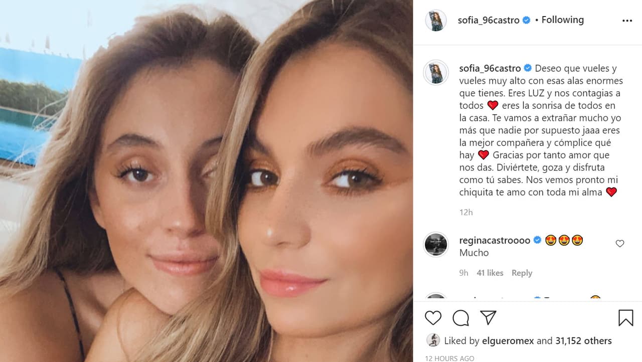 "Deseo 
<b>que vueles y vueles muy alto</b> con esas alas enormes que tienes. Eres luz y nos contagias a todos. Eres la sonrisa de todos en la casa. Te vamos a extrañar mucho, yo más que nadie, por supuesto. Eres la mejor compañera y cómplice que hay. Gracias por tanto amor que nos das. Diviértete, goza y disfruta como tú sabes. Nos vemos pronto mi chiquita, te amo con toda mi alma", escribió Sofía con 
<b><a href="https://www.instagram.com/p/CEQHakxFsnp/" target="_blank">esta foto. </a></b>
<br>