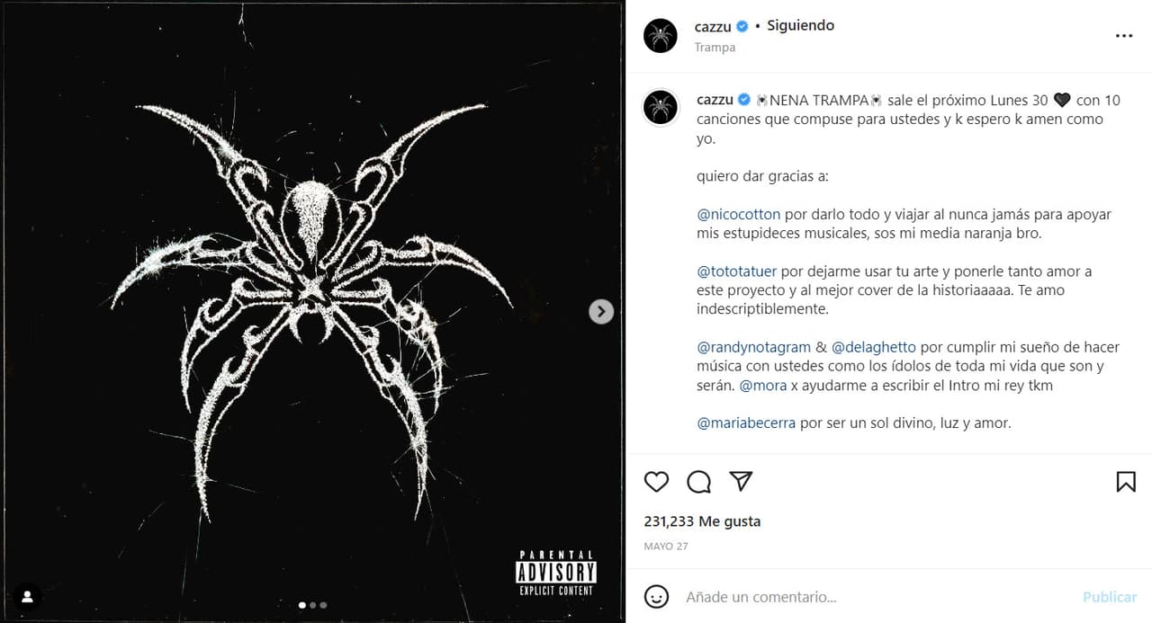 Además, su reciente producción discográfica, 'Nena Trampa', tiene como portada uno de los arácnidos de sus tatuajes.
<br>