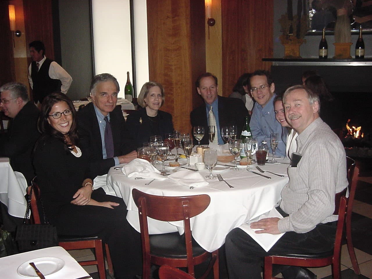 In 2005 Natalie Khawam organized a 'liberal lunch' for a small group of lawyers at a restaurant on Capitol Hill. From left to right: Natalie Khawam; Ralph Nader, consumer rights activist; Judith Areen, Dean of the Georgetown University Law Center; Abbe Lowell, a leading criminal case attorney, attorney Elizabeth Glasgow and Wallace Mlyniec, founding director of the Georgetown Juvenile Justice Clinic.