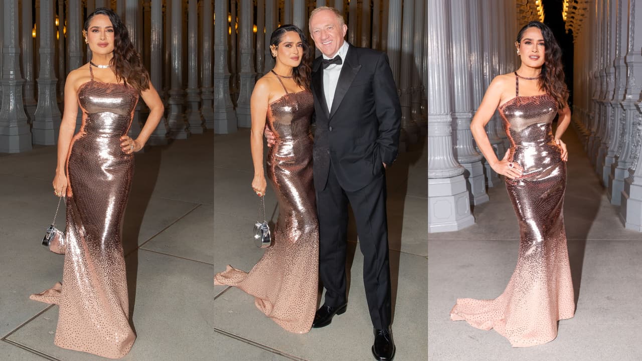 A diferencia del vestido de JLo, el de Salma tendió más hacia lo metálico y rosa.