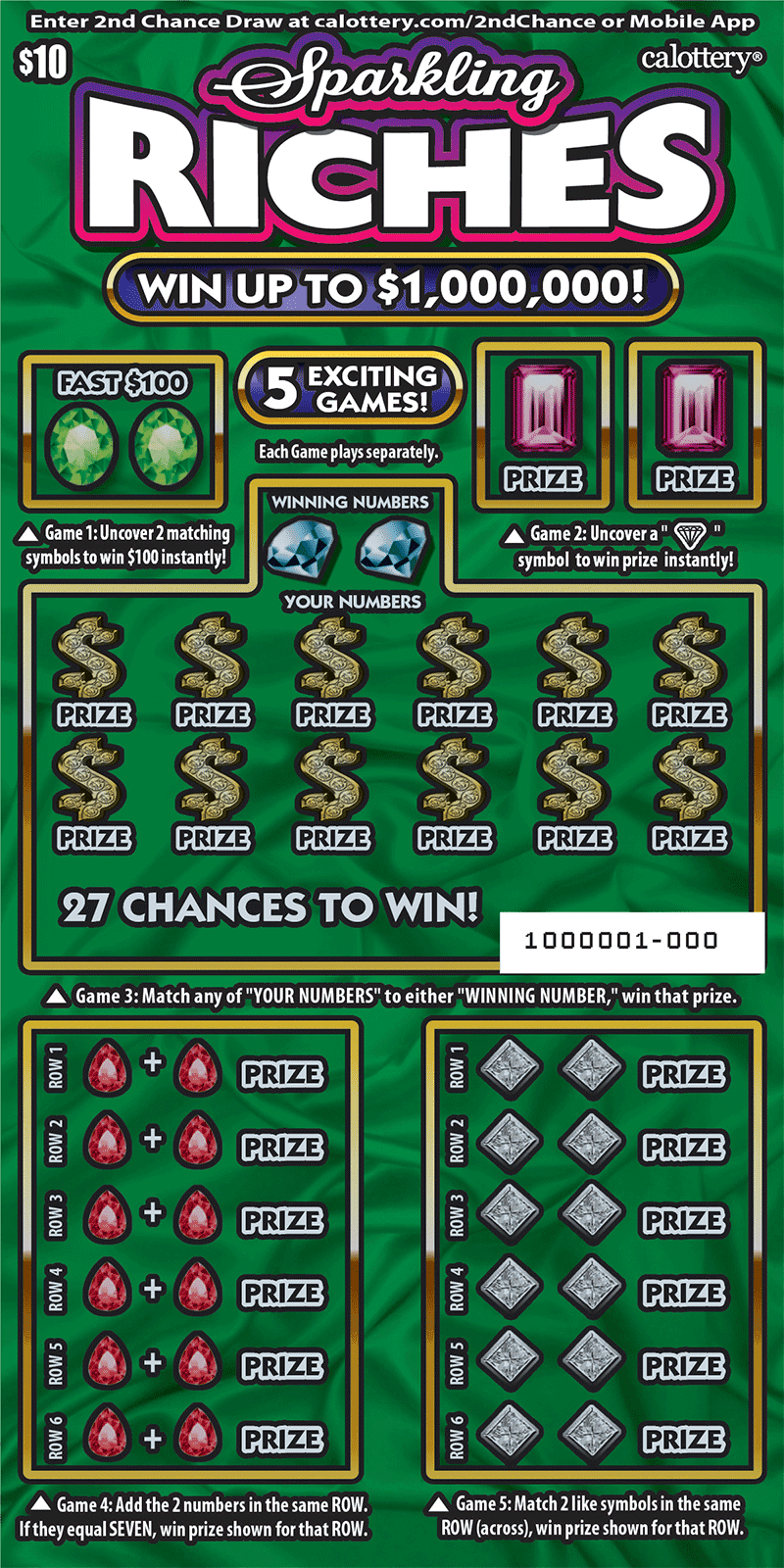 <h2 class="cms-H2-H2">Sparkling Riches </h2>
<br>Es un raspadito con un premio mayor de $1,000,000.
<br>La probabilidad de ganar cualquier premio es de
<b>1 en 2.92.</b>
<br>