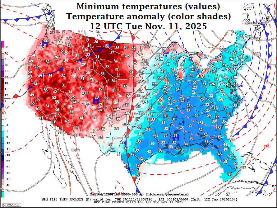 Valores de temperaturas mínimas esperadas para el martes 11 de noviembre de 2025, cuando varios frentes fríos del Ártico harán caer las temperaturas en el centro y este de EEUU.