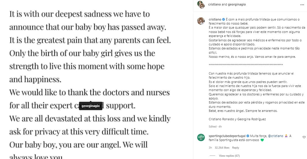 Cristiano Ronaldo anunció la lamentable noticia en sus redes sociales.