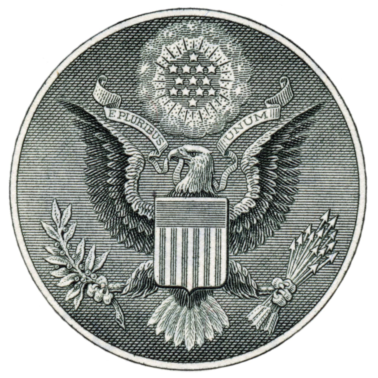 El Sello Nacional 13 estrellas y bandas. El águila sostiene 13 plumas en la cola y en cada ala sostiene 13 flechas y 13 ramas de oliva