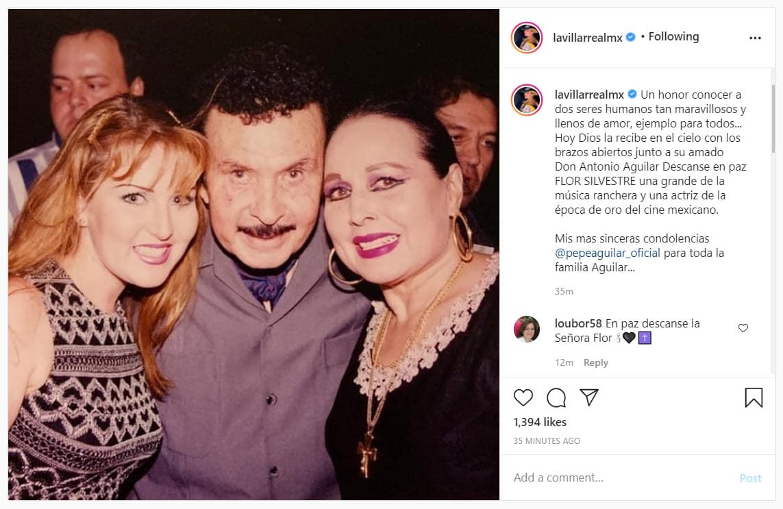 Alicia Villarreal compartió el honor que tuvo al conocer a Flor Silvestre y a su esposo el legendario actor y cantante Antonio Aguilar: "Hoy Dios la recibe en el cielo con los brazos abiertos junto a su amado Don Antonio Aguilar. Descanse en paz Flor Silvestre, una grande de la música ranchera y una actriz de la Época de Oro del cine mexicano.