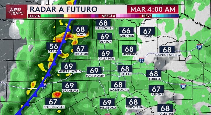 Alrededor de las 4 de la mañana, se podrían registrar 
<b>lluvias de moderadas a intensas en áreas como Graham, Bowie y Stephenville.</b>
