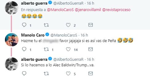 El actor Alberto Guerra, esposo de Zuria Vega, reaccionó ante la polémica, a lo que en tono de broma, Manolo Caro le prometió el papel de Enrique Peña Nieto.
<br>