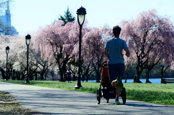 Los parques 'adornados' por el hermoso color de los cerezos en flor son escenario ideal para quienes se ejercitan.