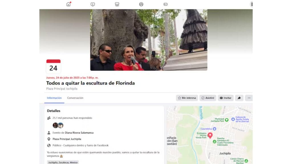Esta es una convocatoria que curculó en redes para invitar a supuestamente derribar la escultura de Florinda Meza en Zacatecas.