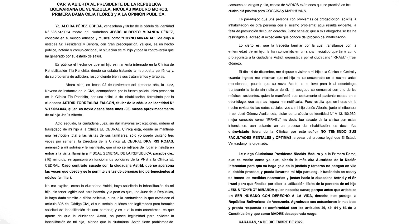 Alcira Ochoa pide ayuda a Nicolás Maduro, presidente de Venezuela.