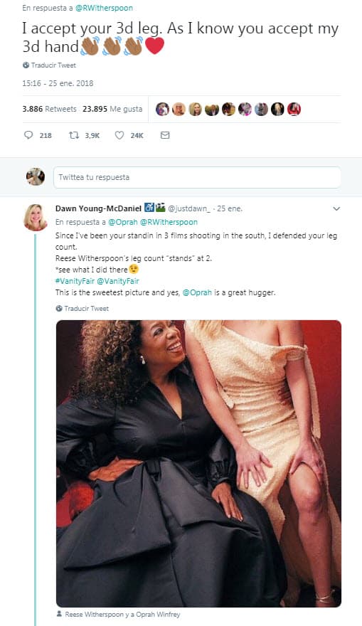 Oprah respondió al mensaje de la actriz y recordó que, gracias a la revista, ahora tenía tres manos: "Yo acepto tus tres piernas si tú aceptas mi tercera mano".