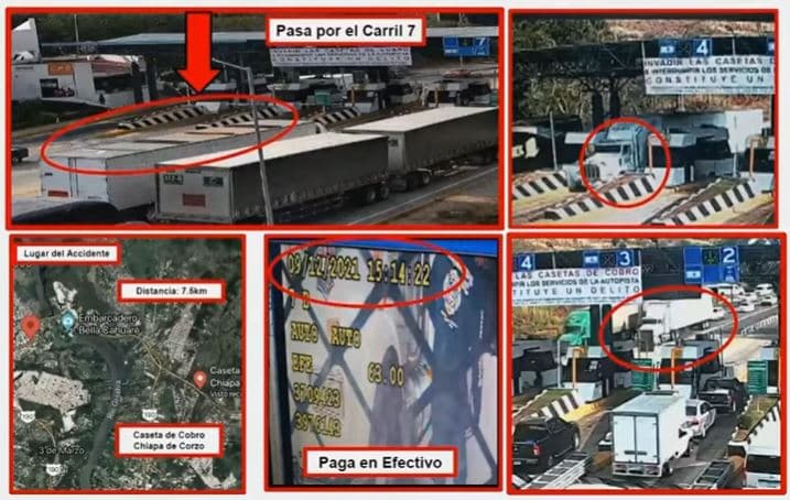 Imágenes del camión accidentado al pasar por la caseta Chiapa de Corzo.