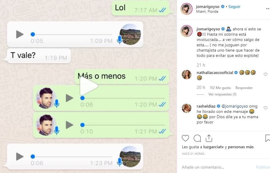"Tío, ya he hablado con la abuela y voy a arreglarle el Instagram este fin de semana", le dijo su sobrina, en un
<b><a href="https://www.instagram.com/p/B5lIZllhEEc/" target="_blank"> audio</a></b> publicado por el presentador.