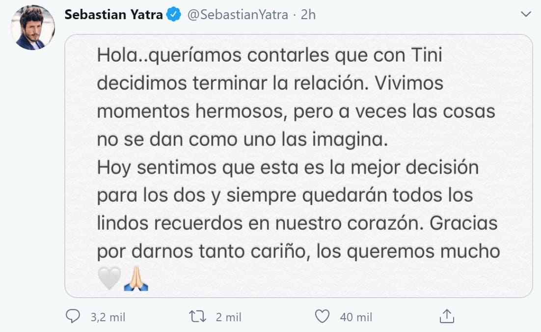 El día 16 de ese mes, los cantantes publicaron un comunicado para anunciar la separación. Dijeron que "a veces 
<b><a href="https://www.univision.com/shows/primer-impacto/sebastian-yatra-y-tini-terminan-su-relacion-tras-casi-un-ano-de-novios-video" target="_blank">las cosas no se dan como uno lo imagina</a></b>".
<br>