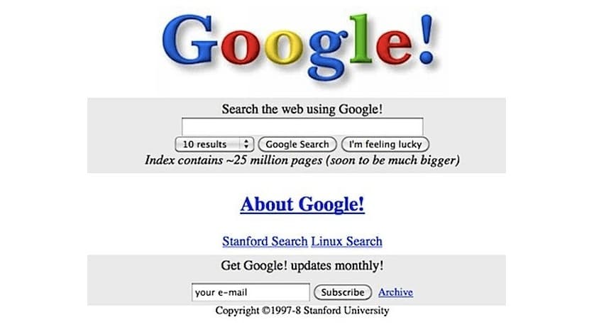 Imagen de la primera página de inicio de Google donde se promocionaba el rastreo en 25 millones de páginas y contando.