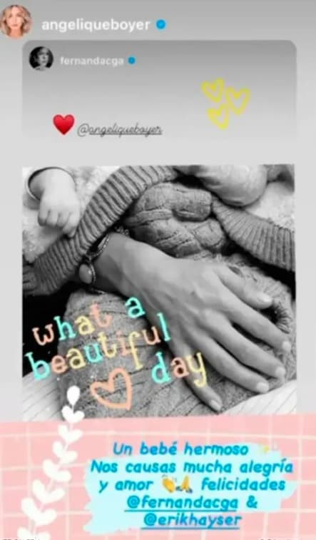 Angelique Boyer compartió en redes sociales cómo fue cuando conoció a Liam, el hijo de Fernanda Castillo y Erik Hayser: "Un bebé hermoso. Nos causa mucha alegría y amor".