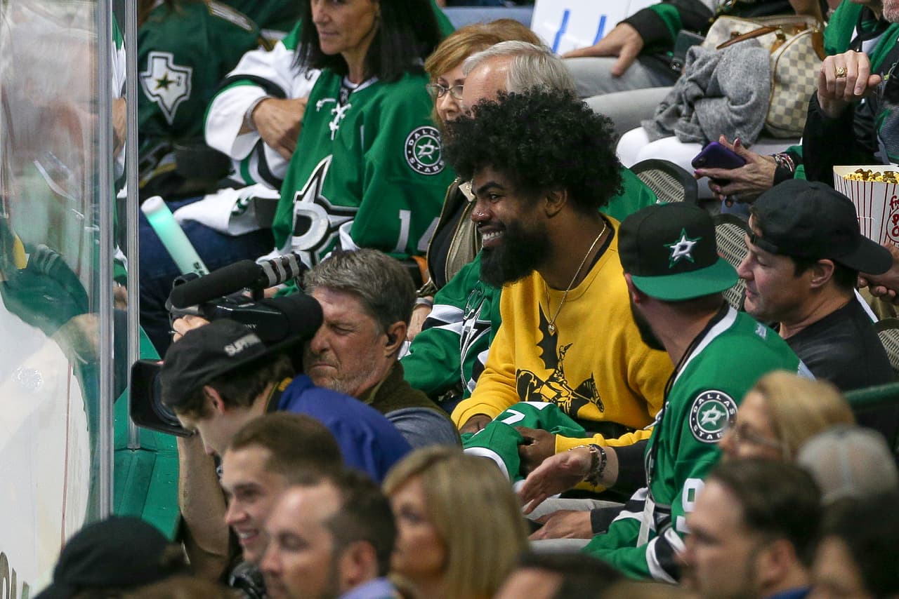 Dallas Cowboys running back Ezekiel Elliott enjoys the game between the St. Louis Blues and the Dallas Stars on April 29, 2019 at American Airlines Center in Dallas, TX.
